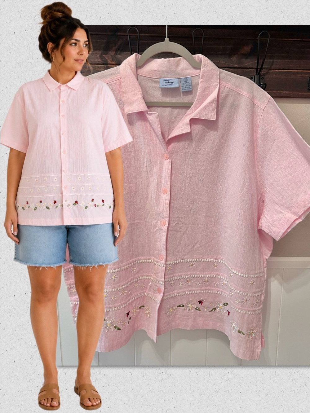 100% Cotton Vintage Plus Size Jane Ashley Baby Pink Ladybug Daisy Embroidered 3X